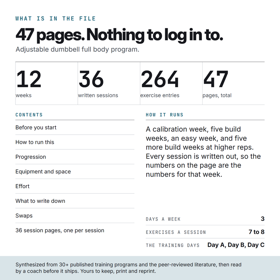 What is in the Dumbbell Only file: 47 pages, 36 written sessions