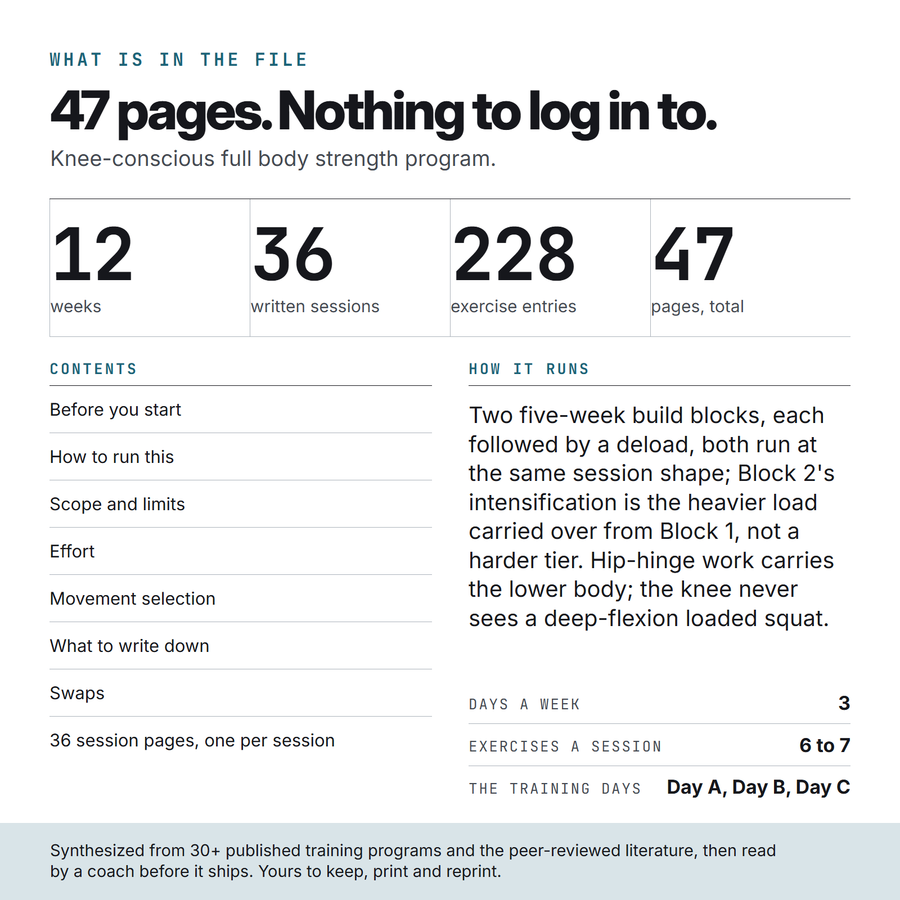 What is in the Knee Smart file: 47 pages, 36 written sessions