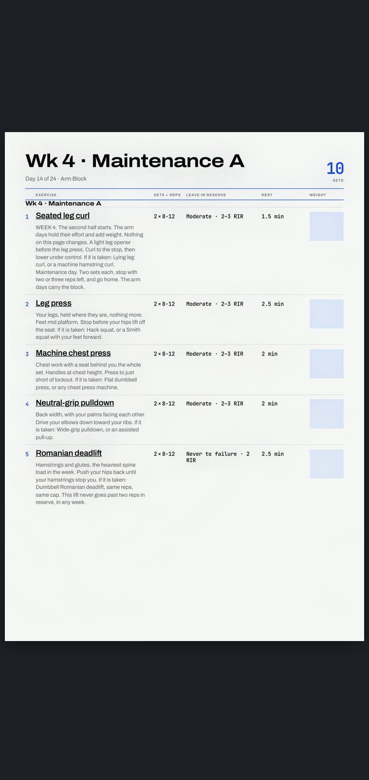 A real session page from Arm Block: sets, reps, effort target and rest, printed