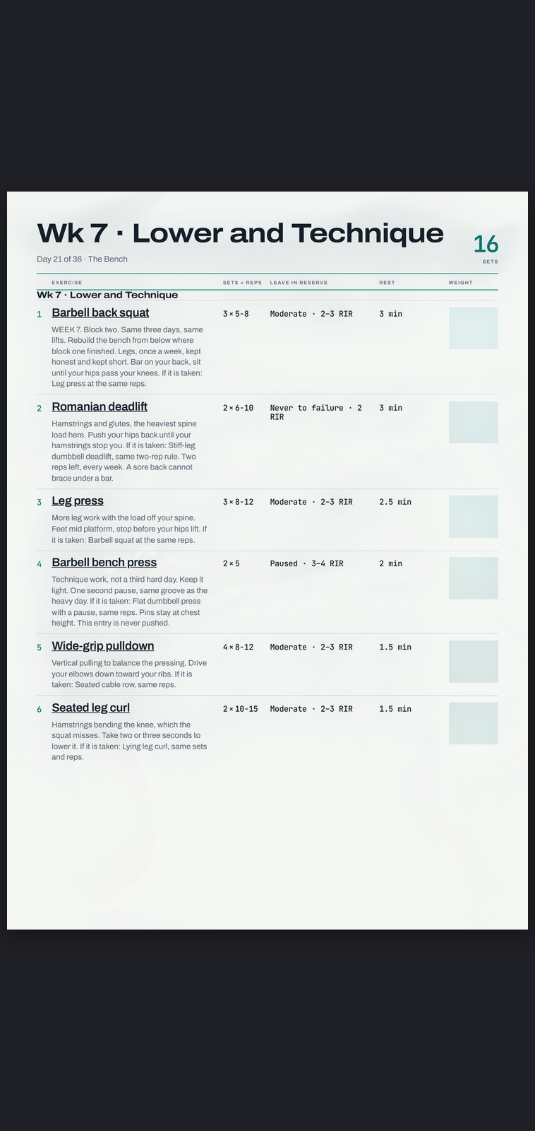 A real session page from The Bench: sets, reps, effort target and rest, printed
