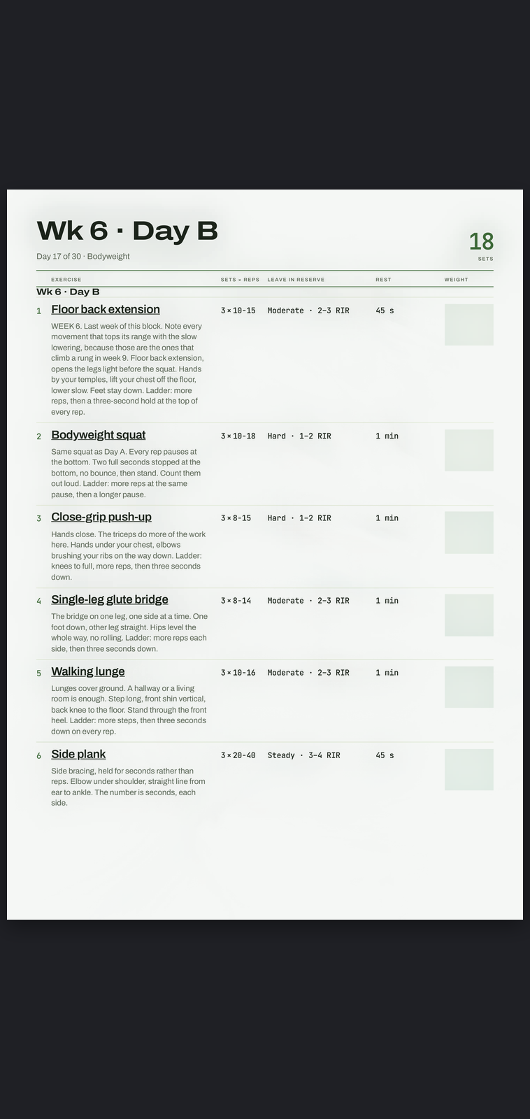 A real session page from Bodyweight: sets, reps, effort target and rest, printed