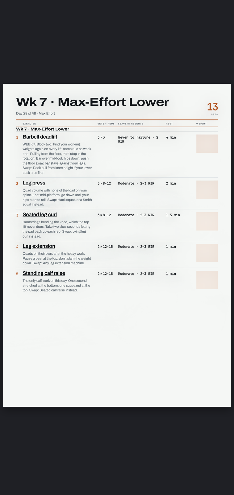 A real session page from Max Effort: sets, reps, effort target and rest, printed