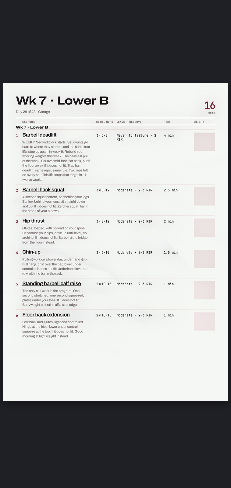 A real session page from Garage: sets, reps, effort target and rest, printed
