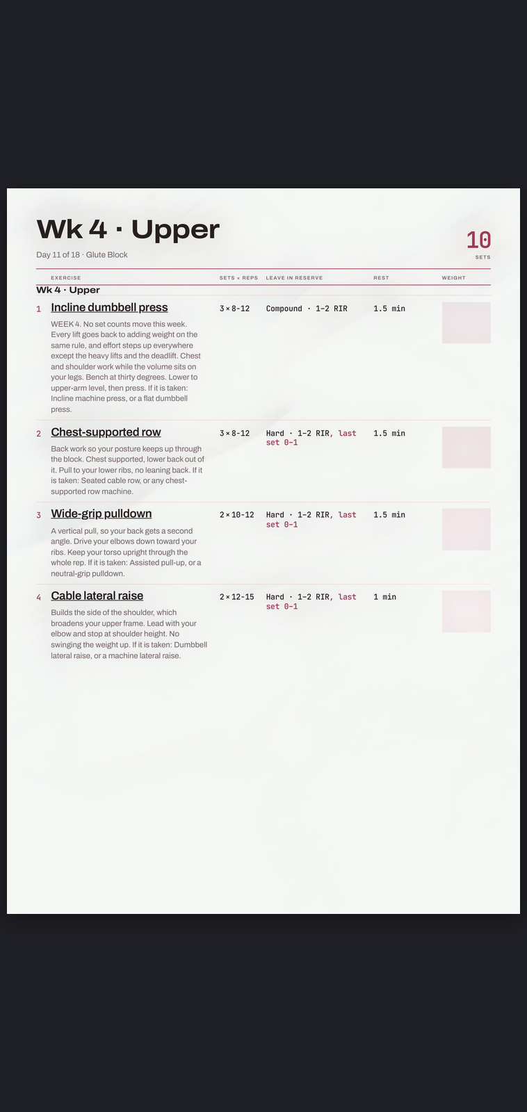 A real session page from Glute Block: sets, reps, effort target and rest, printed