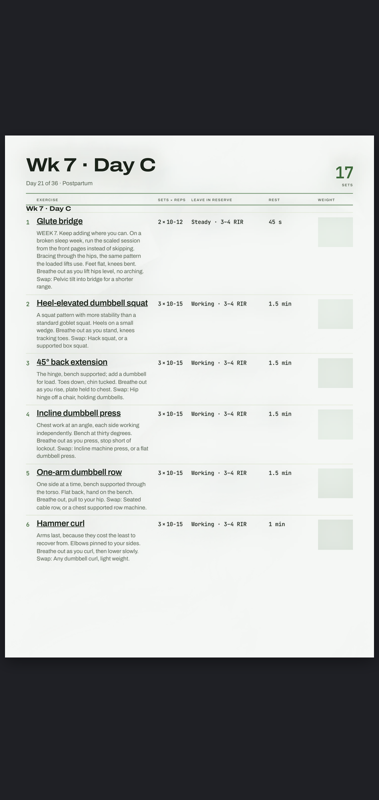 A real session page from Postpartum: sets, reps, effort target and rest, printed