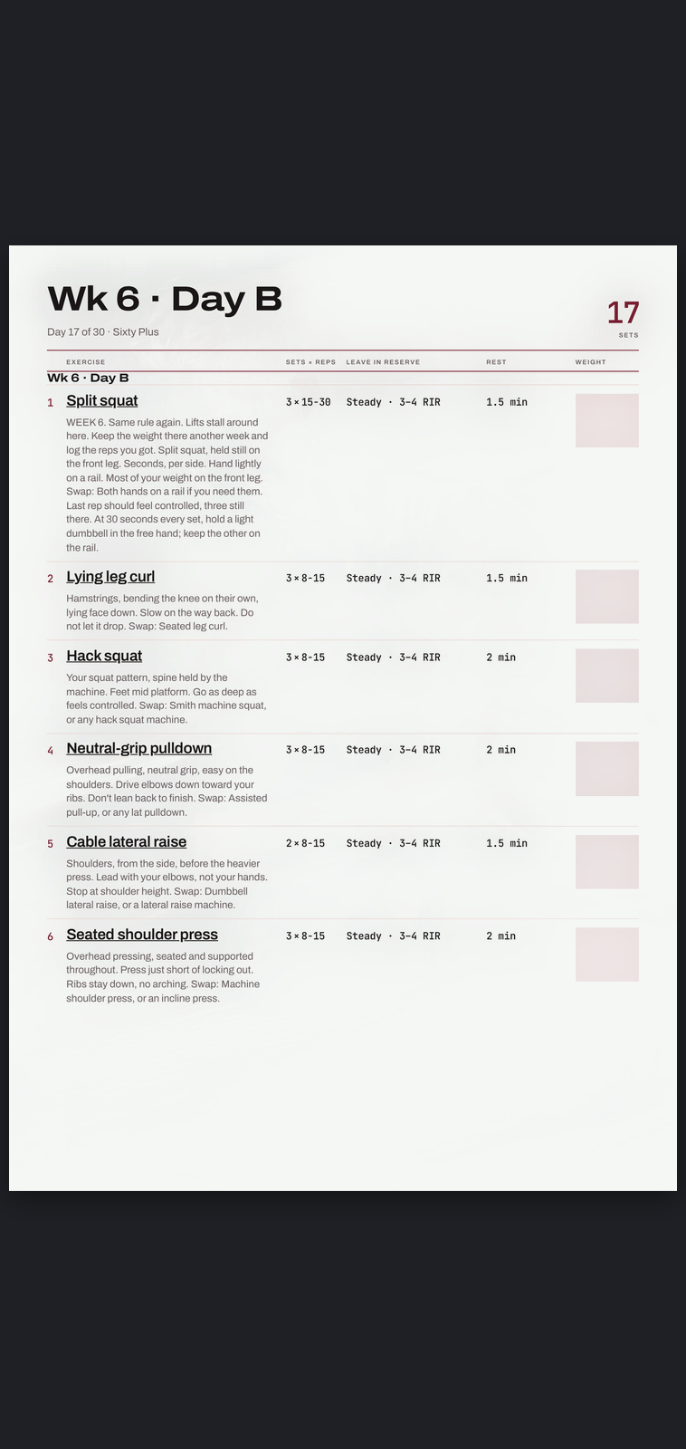 A real session page from Sixty Plus: sets, reps, effort target and rest, printed