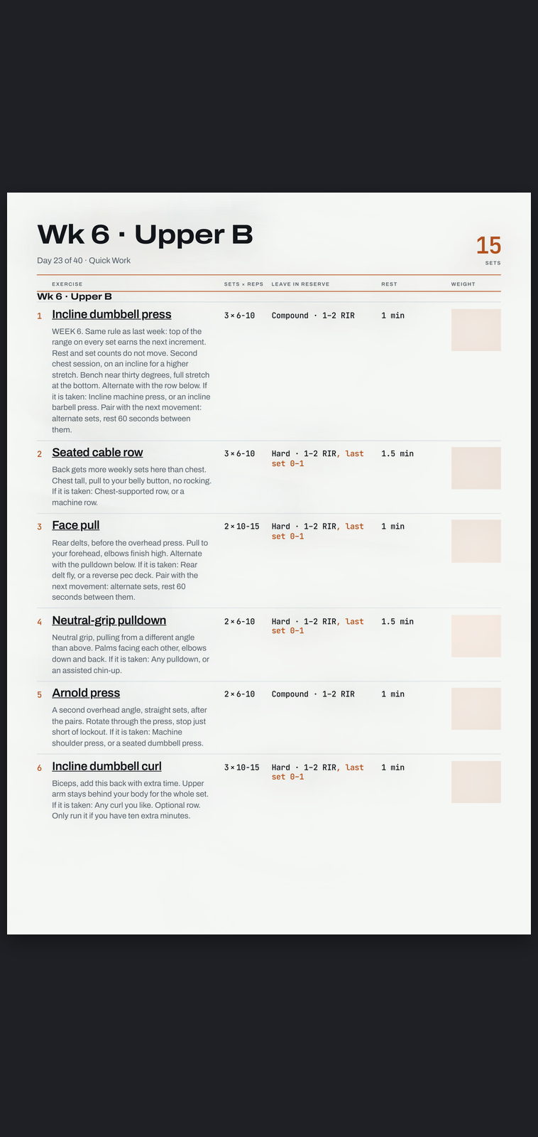 A real session page from Quick Work: sets, reps, effort target and rest, printed