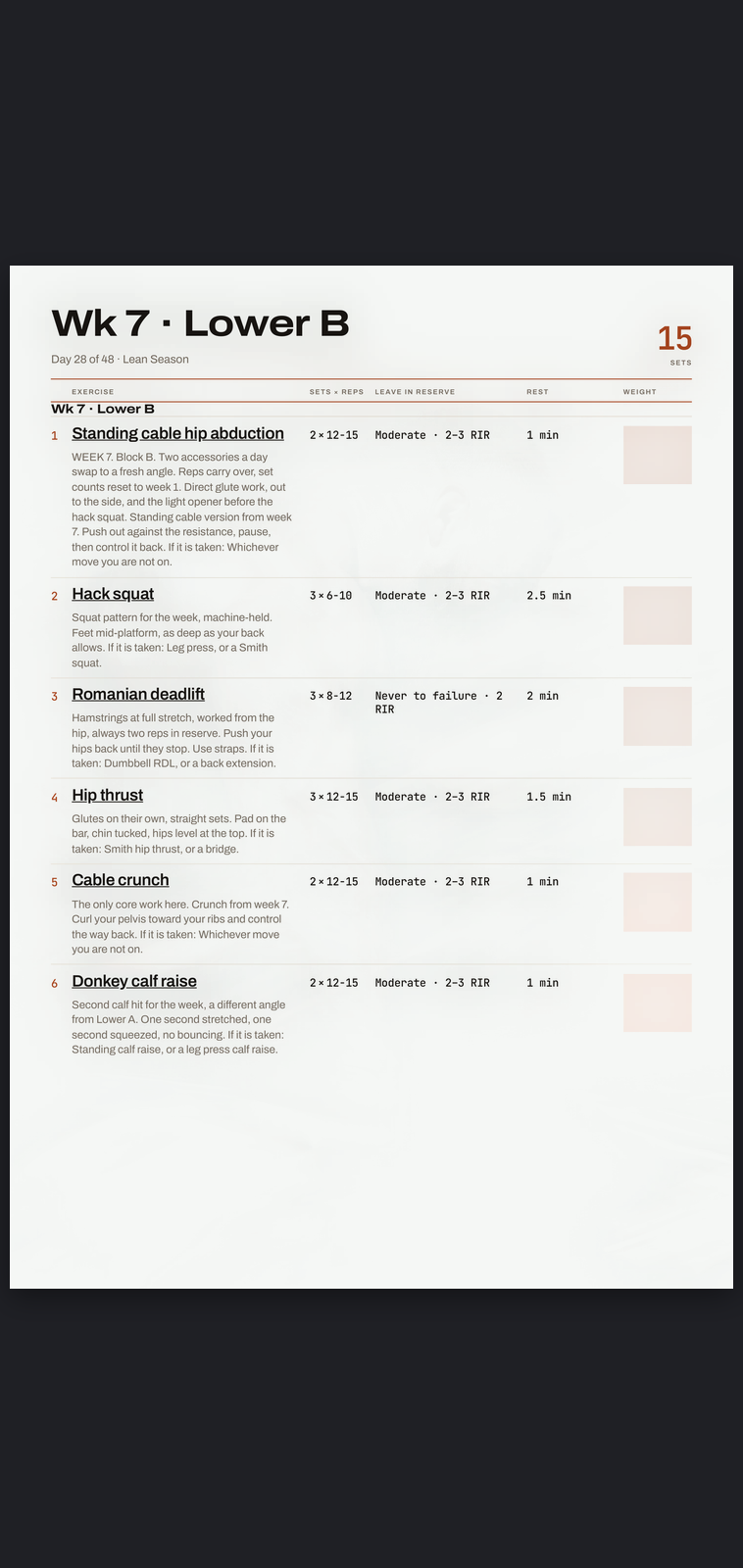A real session page from Lean Season: sets, reps, effort target and rest, printed