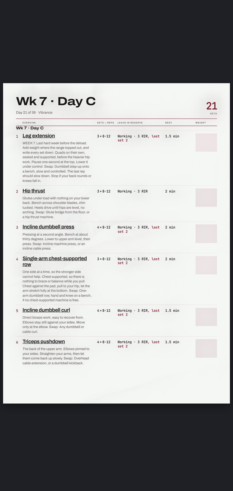 A real session page from Vibrance: sets, reps, effort target and rest, printed